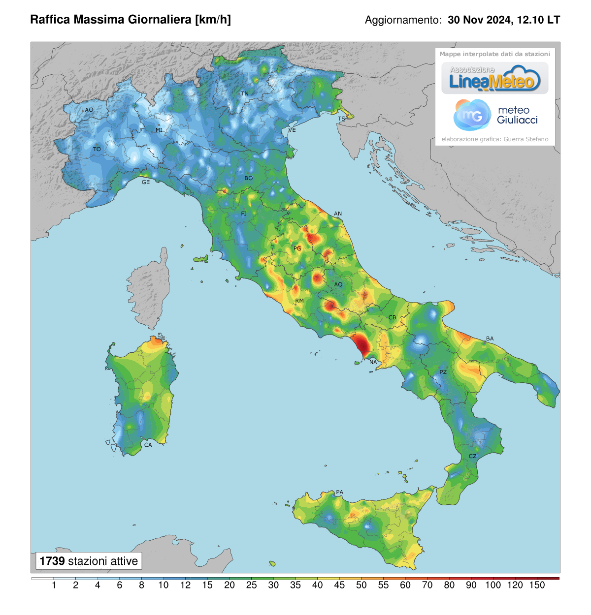 Raffiche massime registrate oggi in Italia