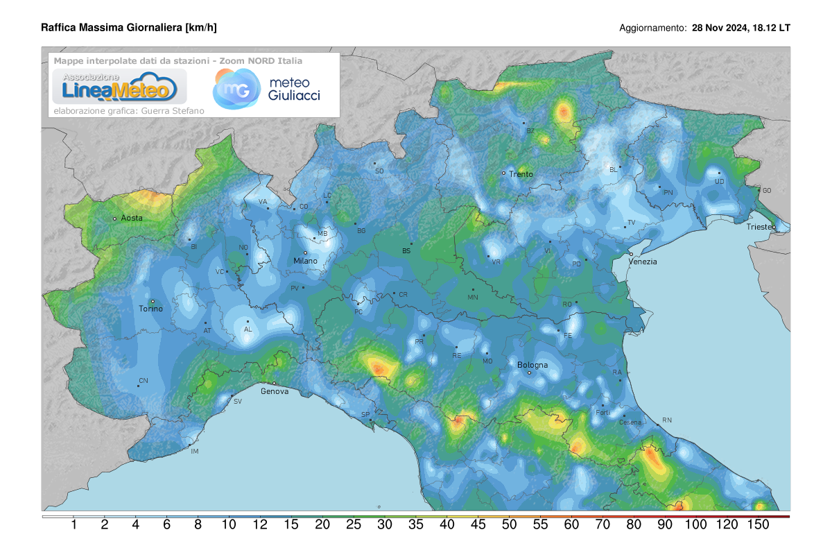 Raffiche massime registrate oggi sulle regioni del nord