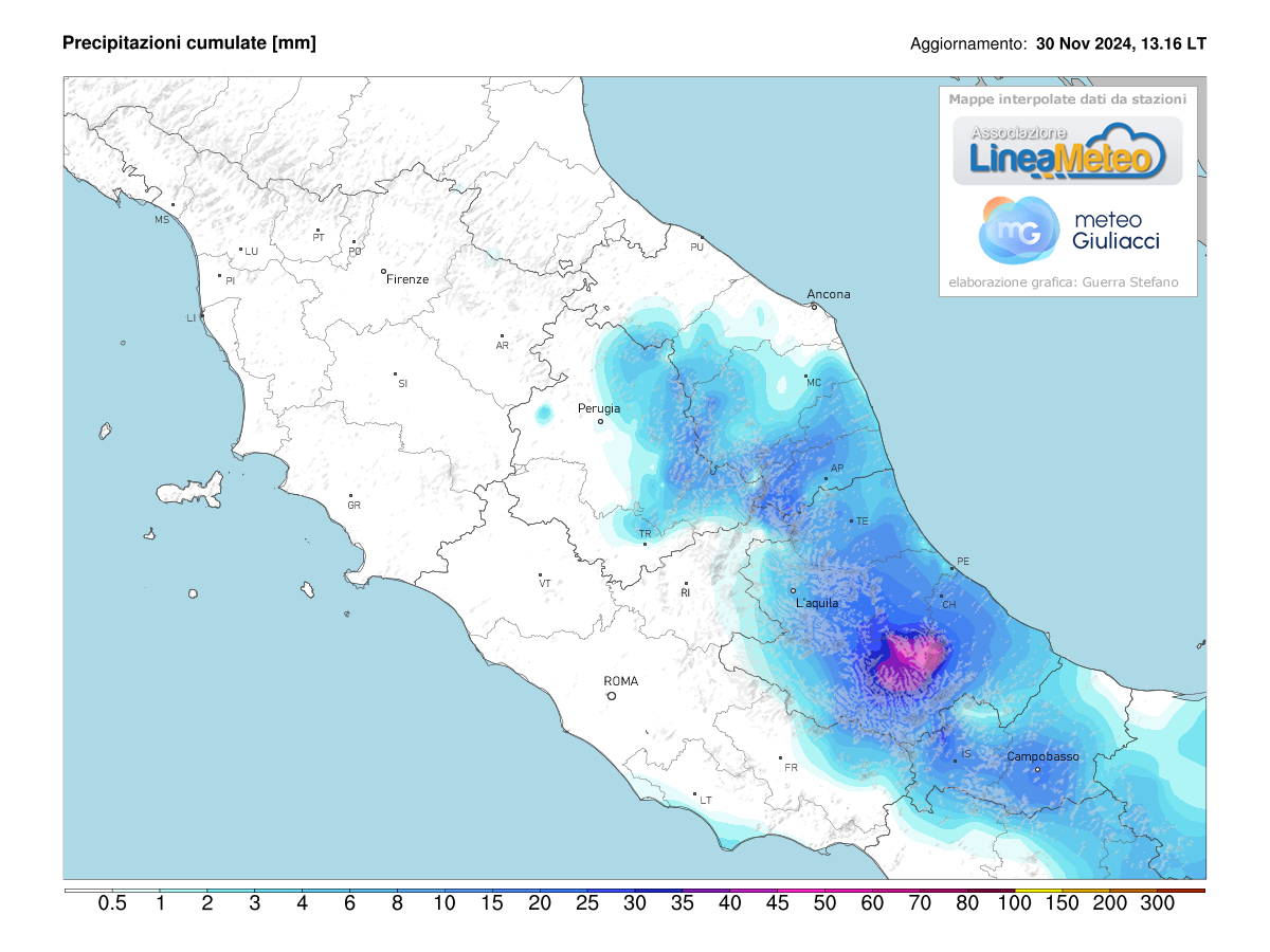 Precipitazioni accumulate oggi sulle regioni del centro