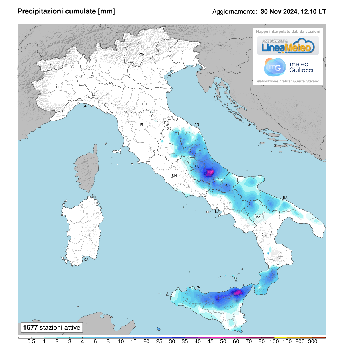 Precipitazioni accumulate oggi in Italia