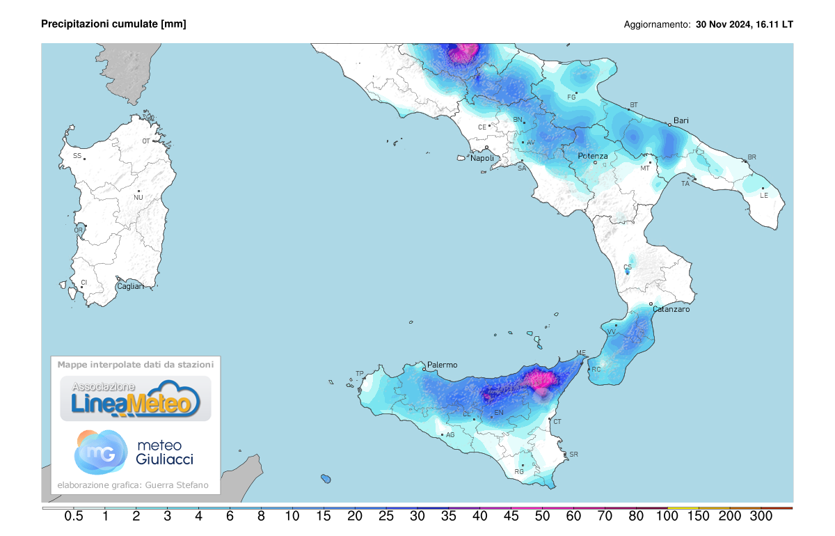 Precipitazioni accumulate oggi sulle regioni del sud