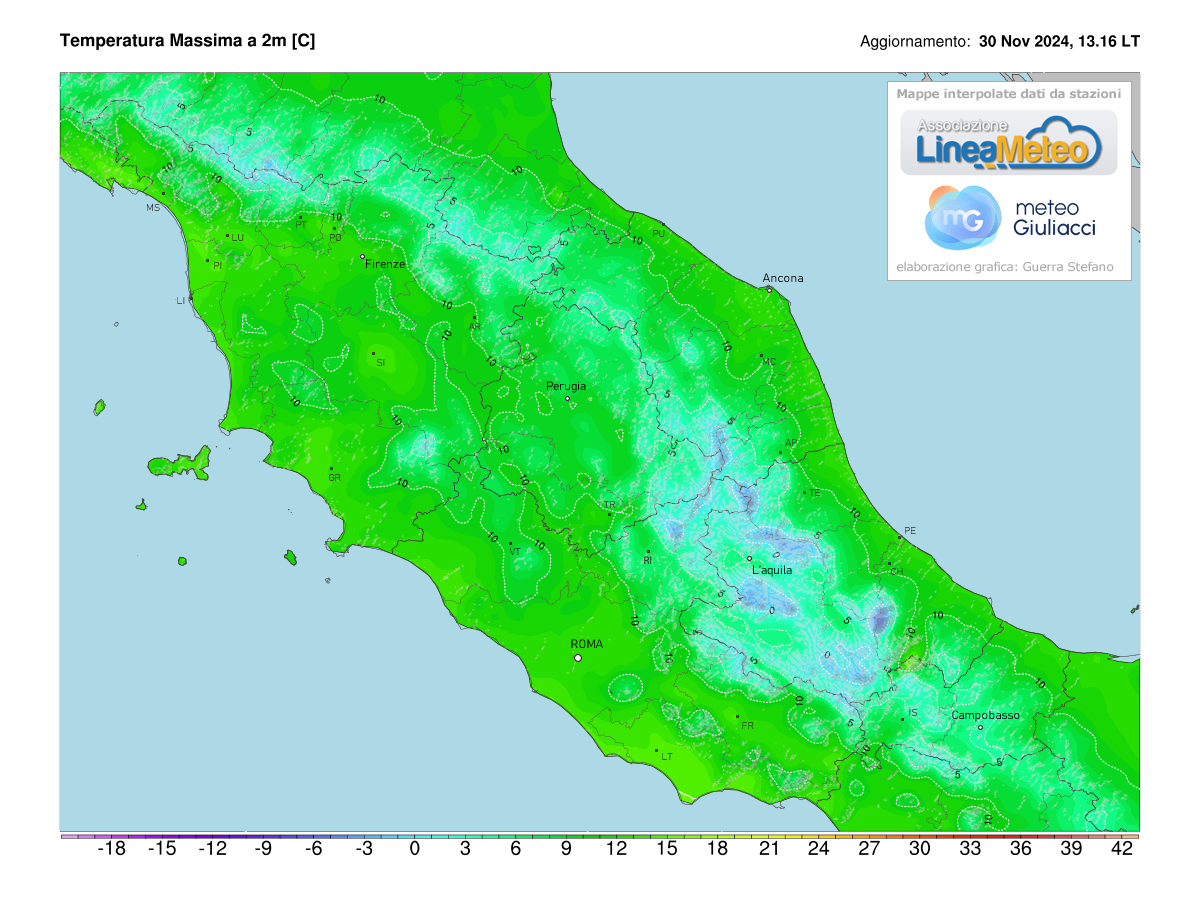 Temperature massime registrate oggi sulle regioni del centro