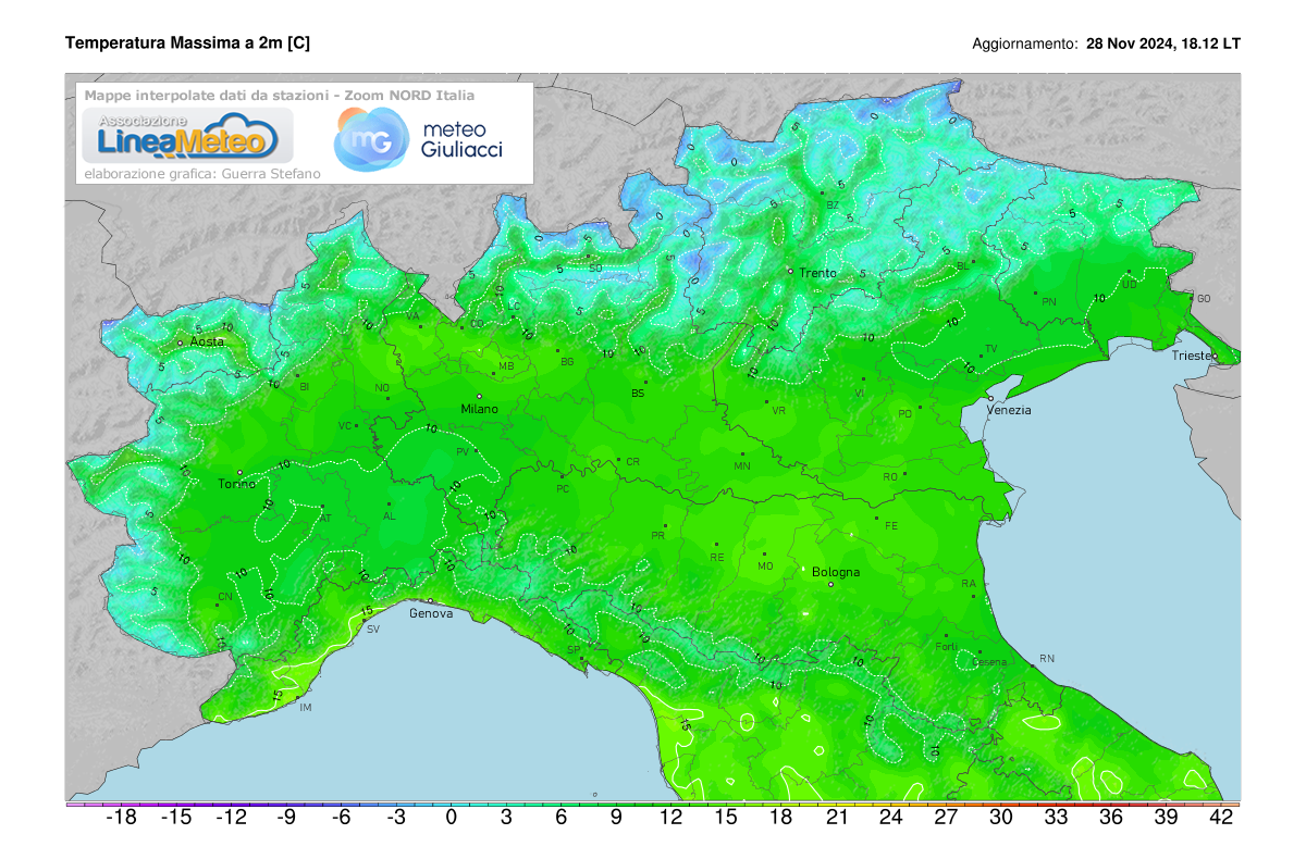 Temperature massime registrate oggi sulle regioni del nord