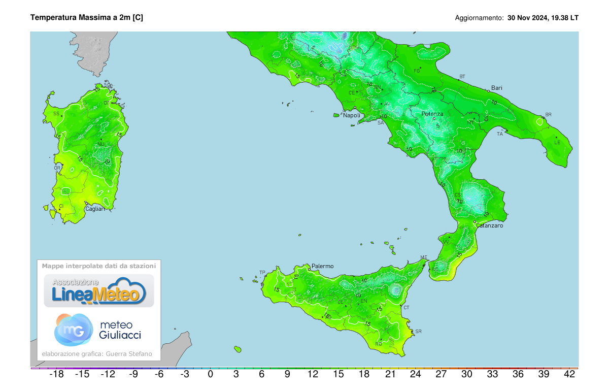 Temperature massime registrate oggi sulle regioni del sud