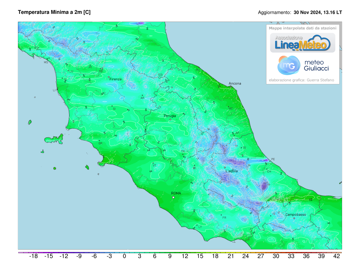 Temperature minime registrate oggi sulle regioni del centro