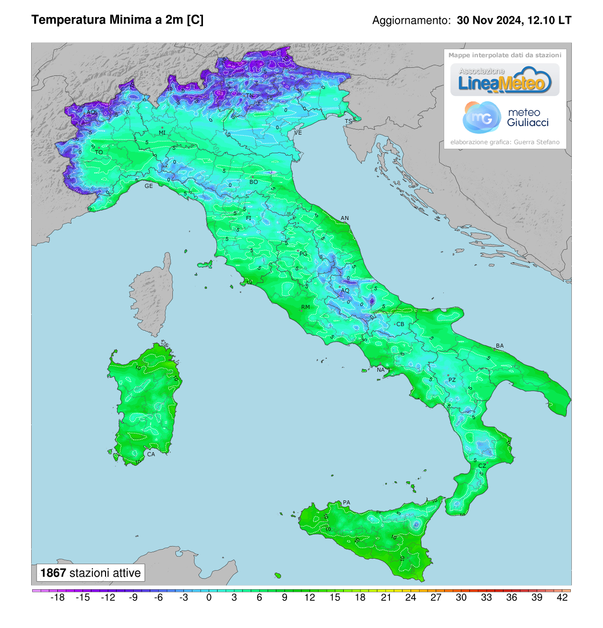 Temperature minime registrate oggi in Italia