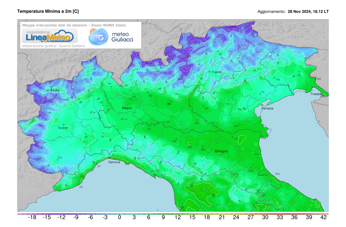 Temperature minime registrate oggi sulle regioni del nord