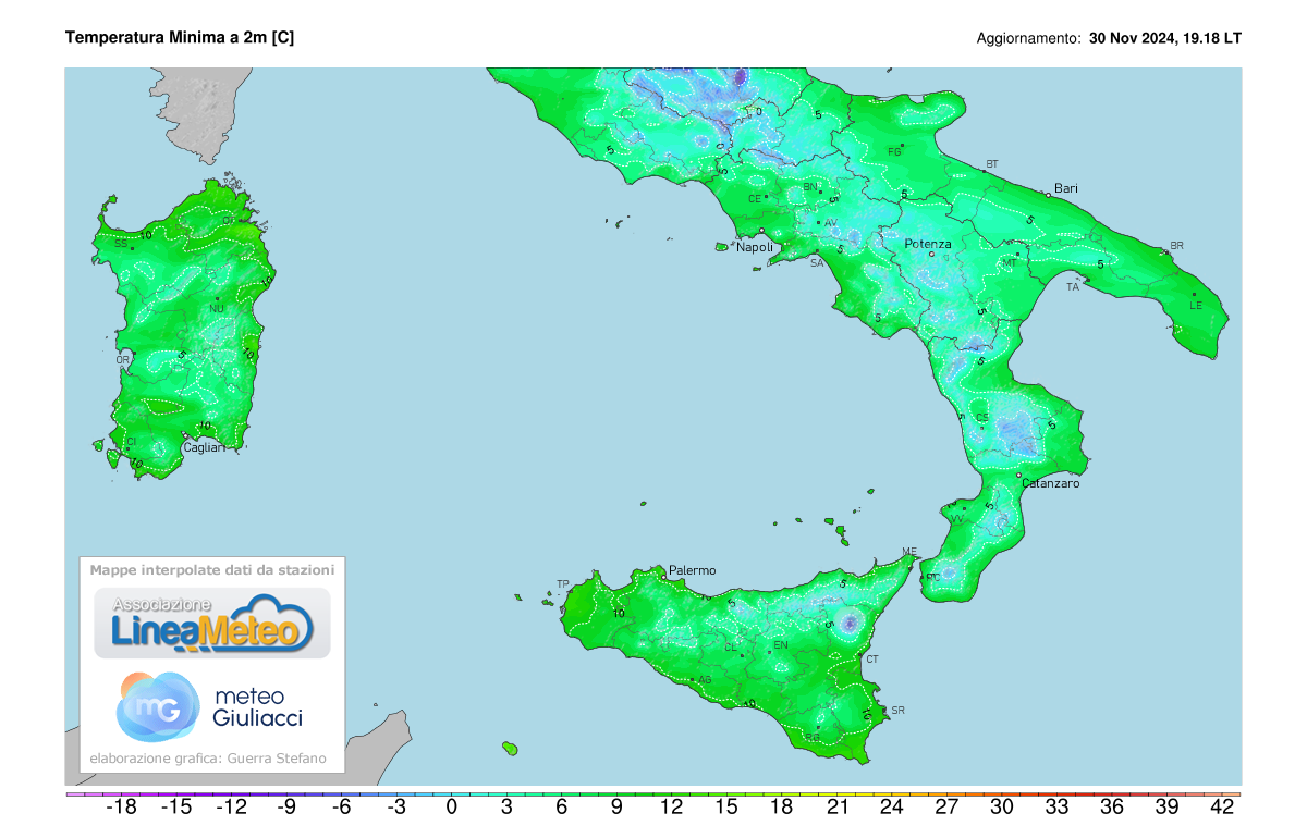 Temperature minime registrate oggi sulle regioni del sud