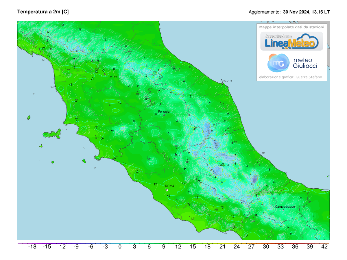 Temperature realtime al suolo 2 metri sulle regioni del centro