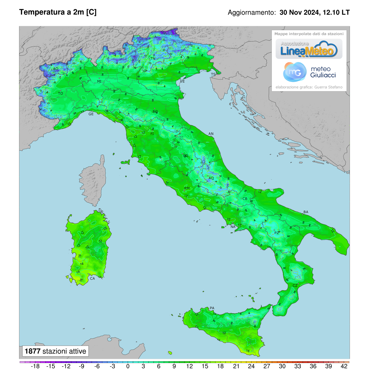 Temperature realtime al suolo 2 metri in Italia