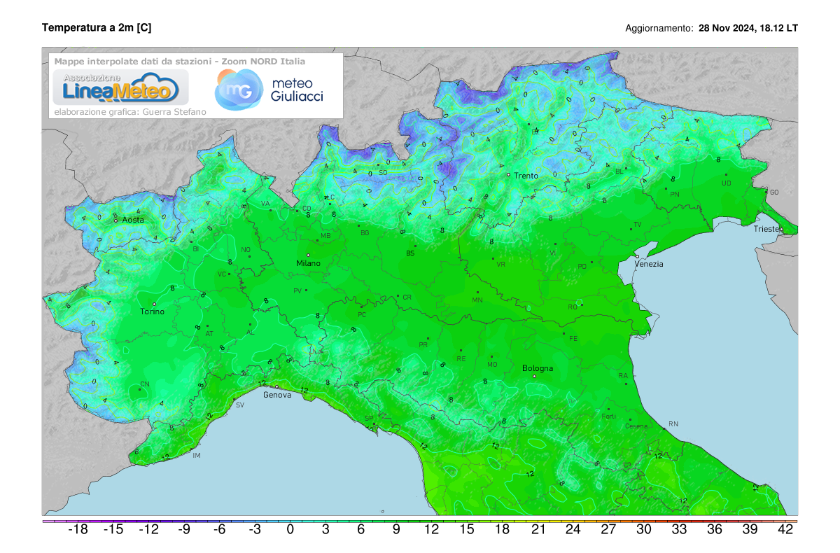 Temperature realtime al suolo 2 metri sulle regioni del nord