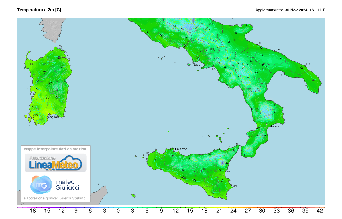 Temperature realtime al suolo 2 metri sulle regioni del sud