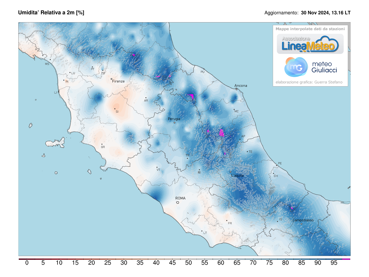 Valori di umidità relativa attuale sulle regioni del centro