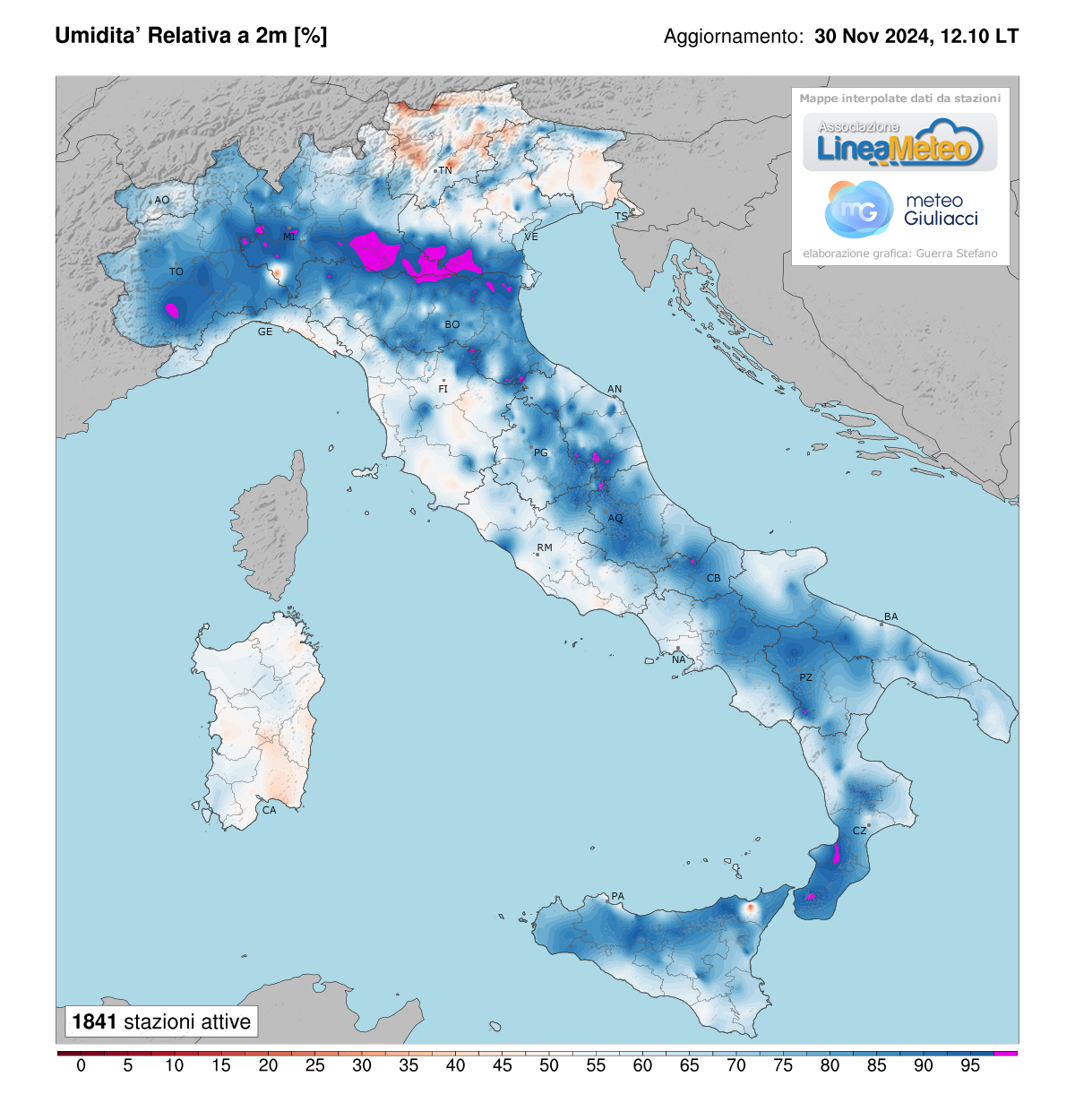 Valori di umidità relativa attuale in Italia