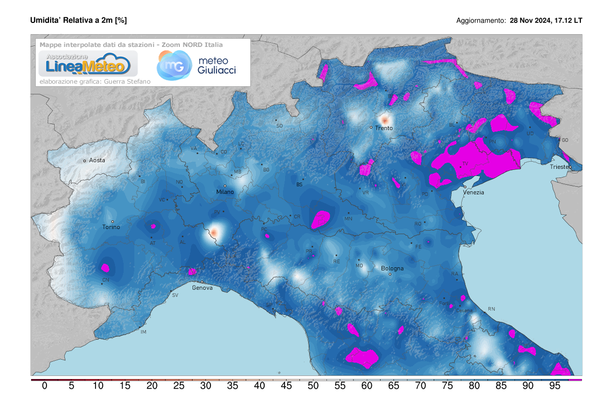 Valori di umidità relativa attuale sulle regioni del nord