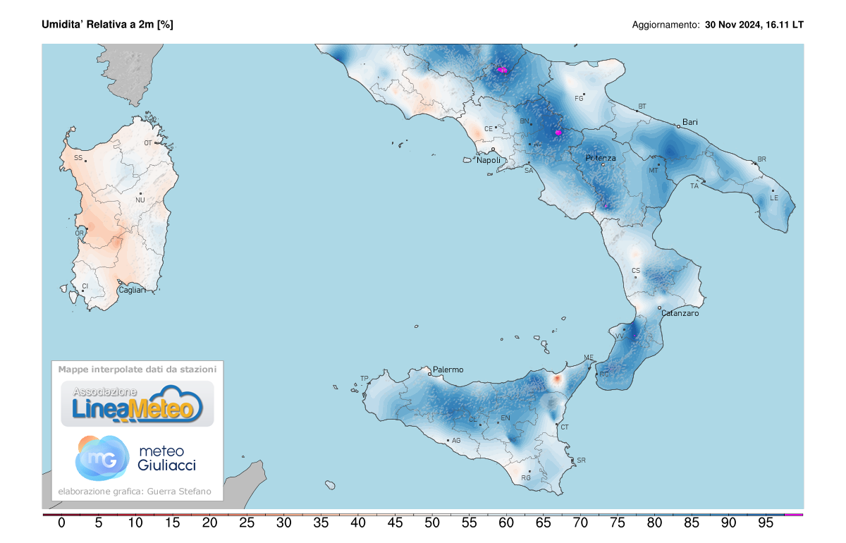 Valori di umidità relativa attuale sulle regioni del sud