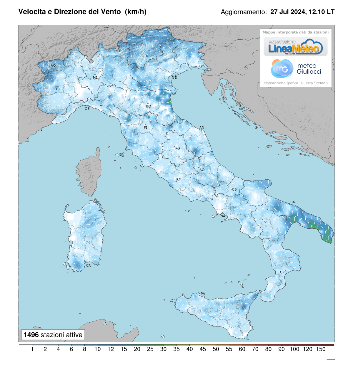 Intensità del vento attuale in Italia