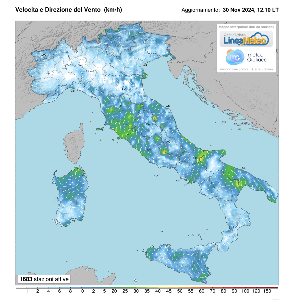 Intensità del vento attuale in Italia