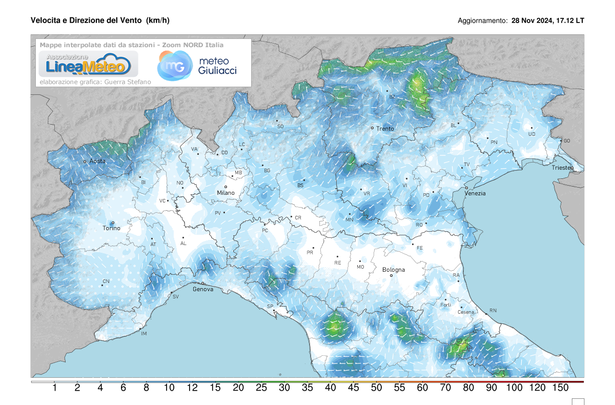 Intensità del vento attuale sulle regioni del nord