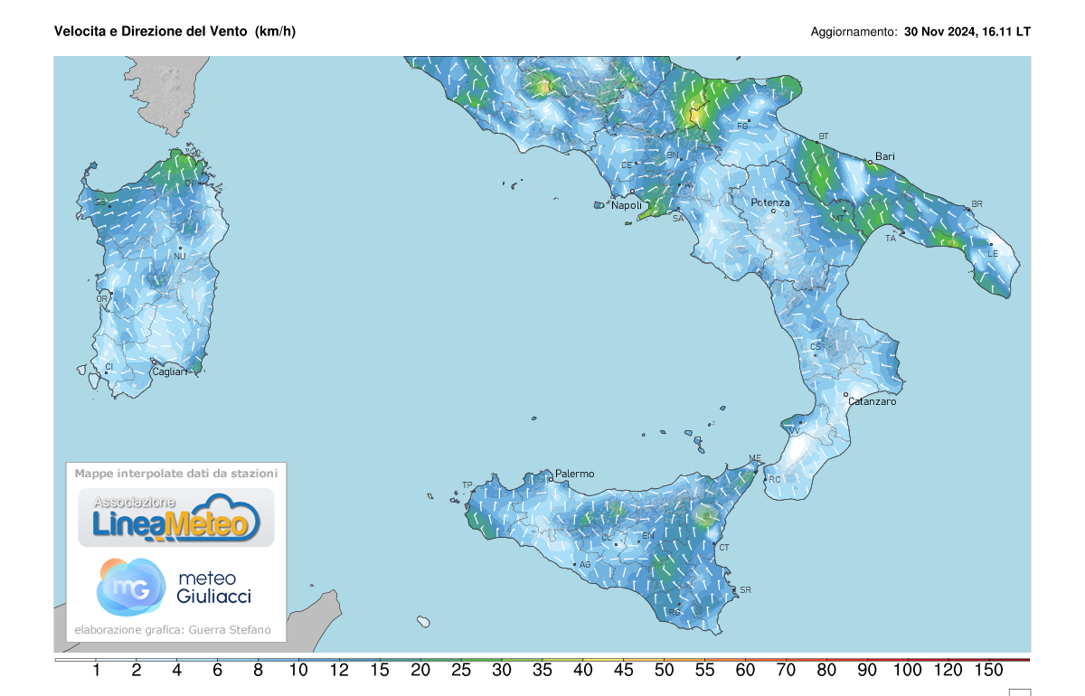 Intensità del vento attuale sulle regioni del sud