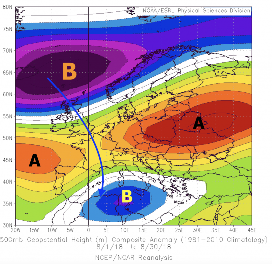 Anomalia di pressione alla quota di 5500m ca (NOAA)